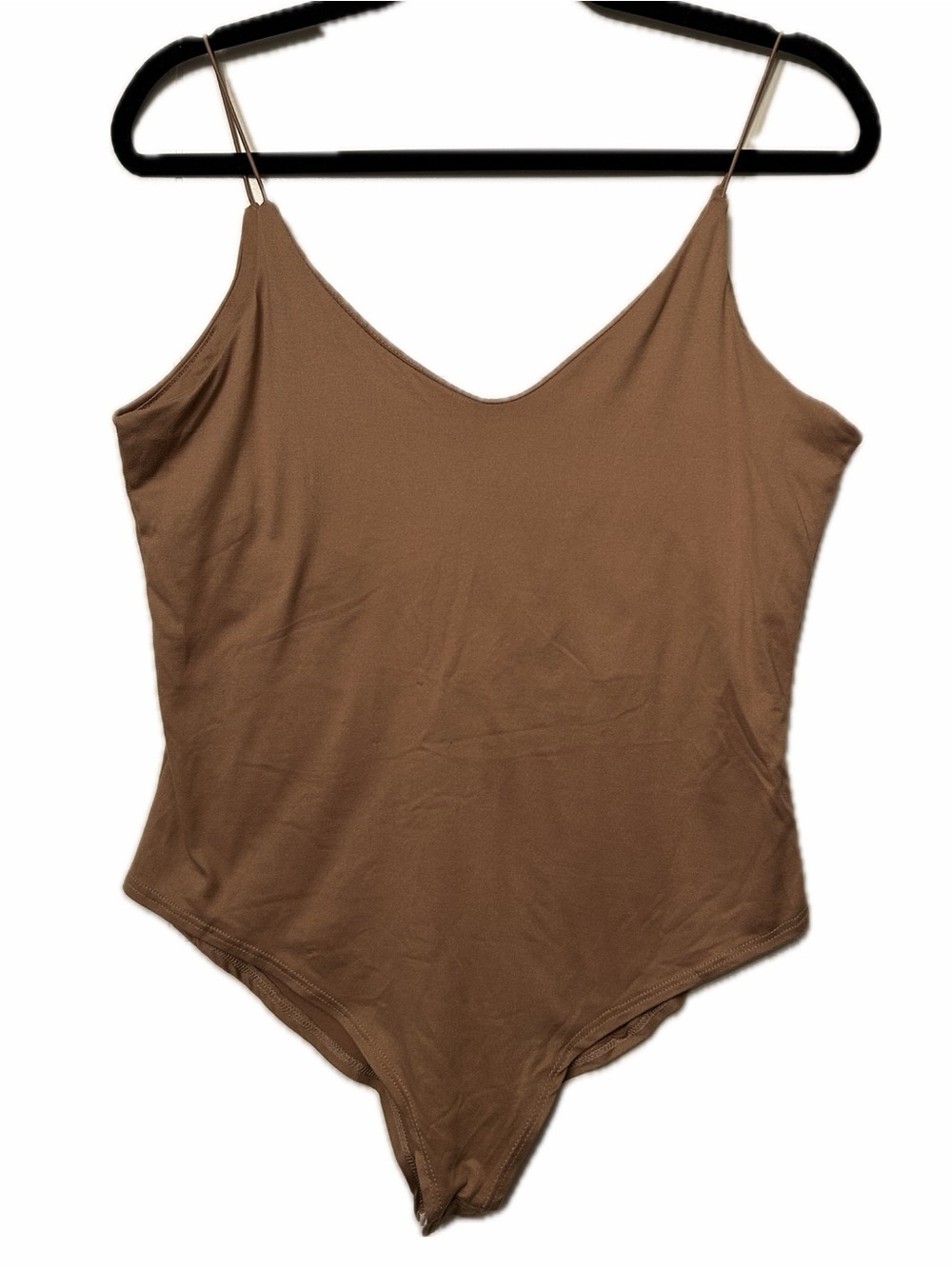 GAZE Caramel Sueded Bodysuit V Neck Bungee Strap Stretch Sz L Neutral Minimal - Picture 12 of 16